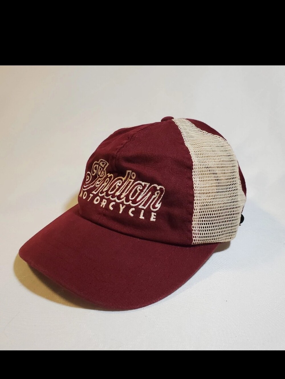 Indian Motorcycle Hat Trucker Cap Maroon Mesh Leather Strap Biker Embroidered